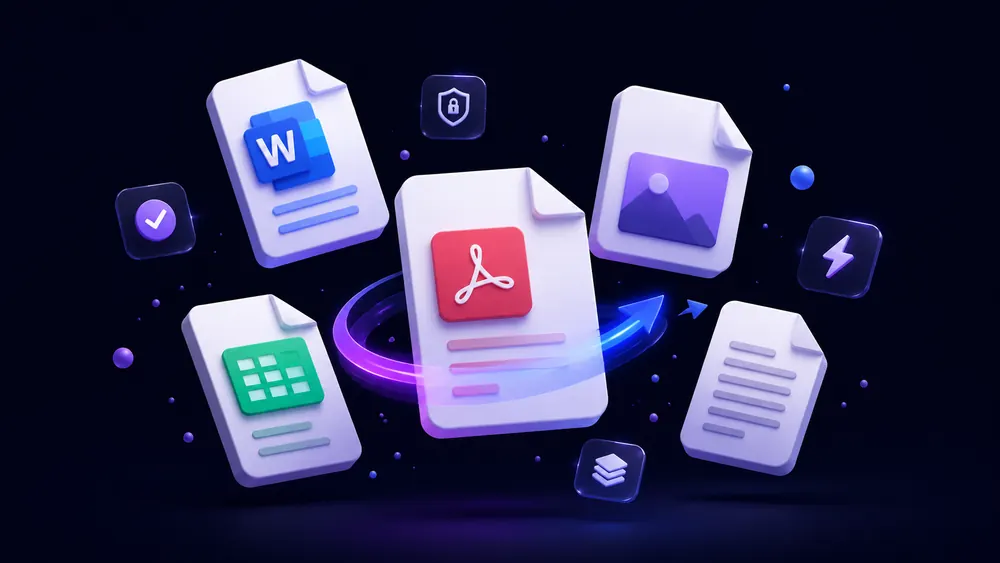 Illustration of Word, PDF, image, and spreadsheet file icons representing ToolifyHub's free online file conversion tools
