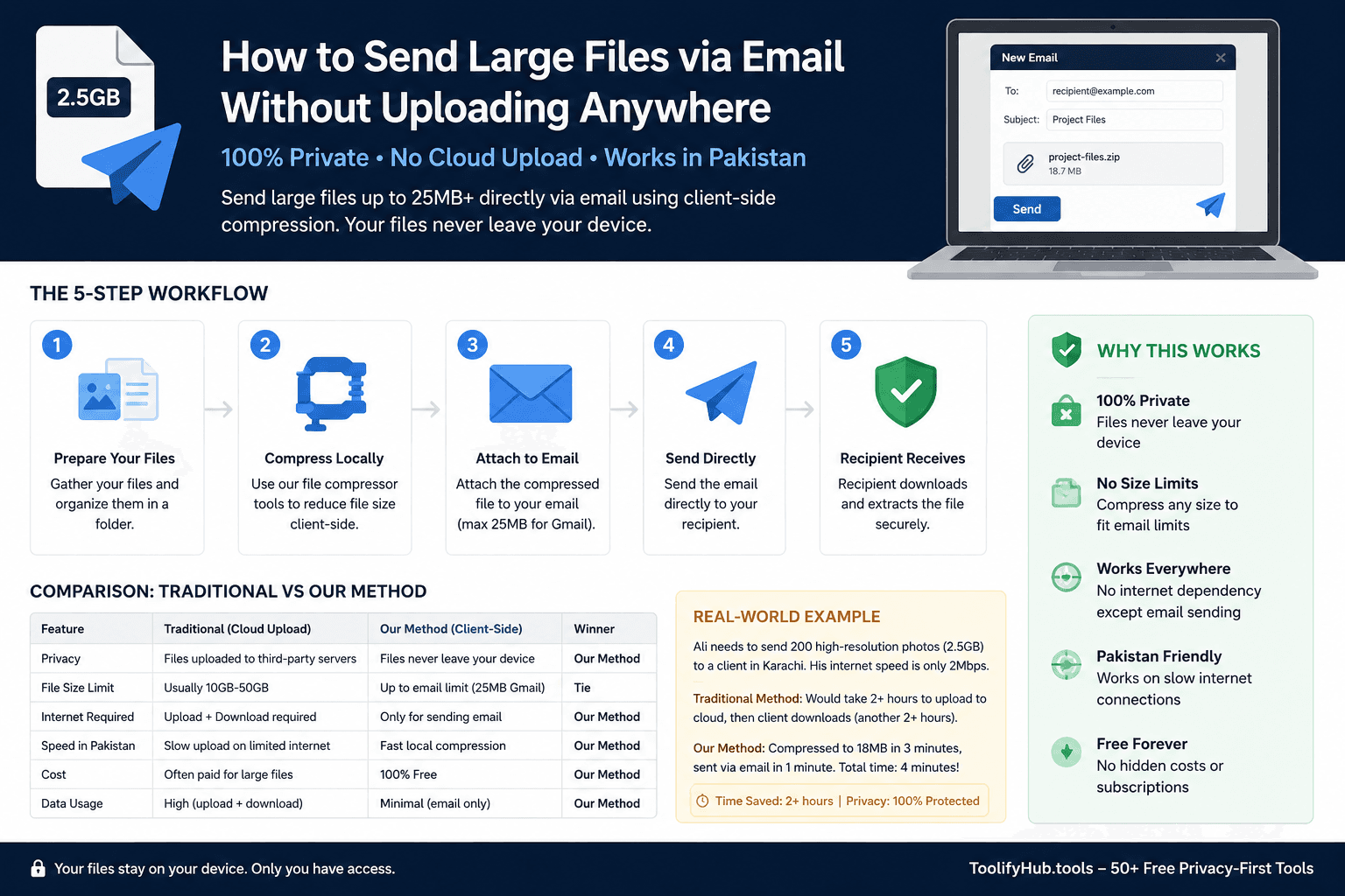 How to Send Large Files via Email and WhatsApp Without Uploading Anywhere — 2026 Guide — ToolifyHub.tools