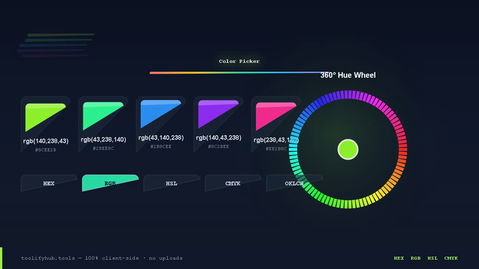 Color Picker hero animation — rainbow hue wheel with live HEX, RGB, HSL conversion