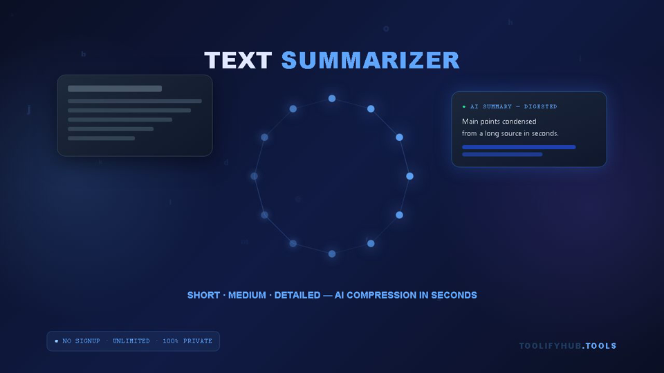Text Summarizer animation — AI neural network condenser condensing long documents into key summaries